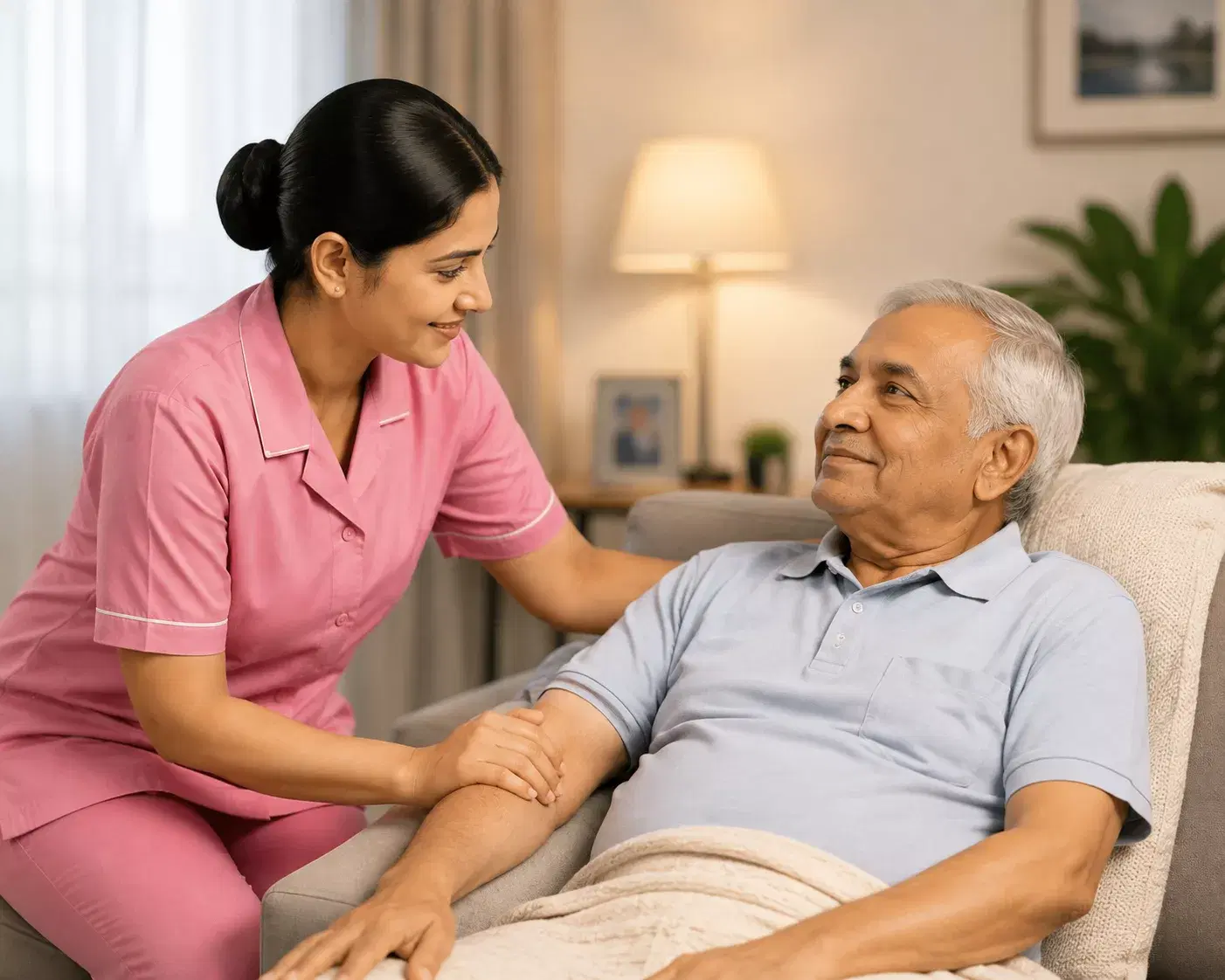 A caregiver's hand steadying an elderly patient's arm. Composed, warm, calm.