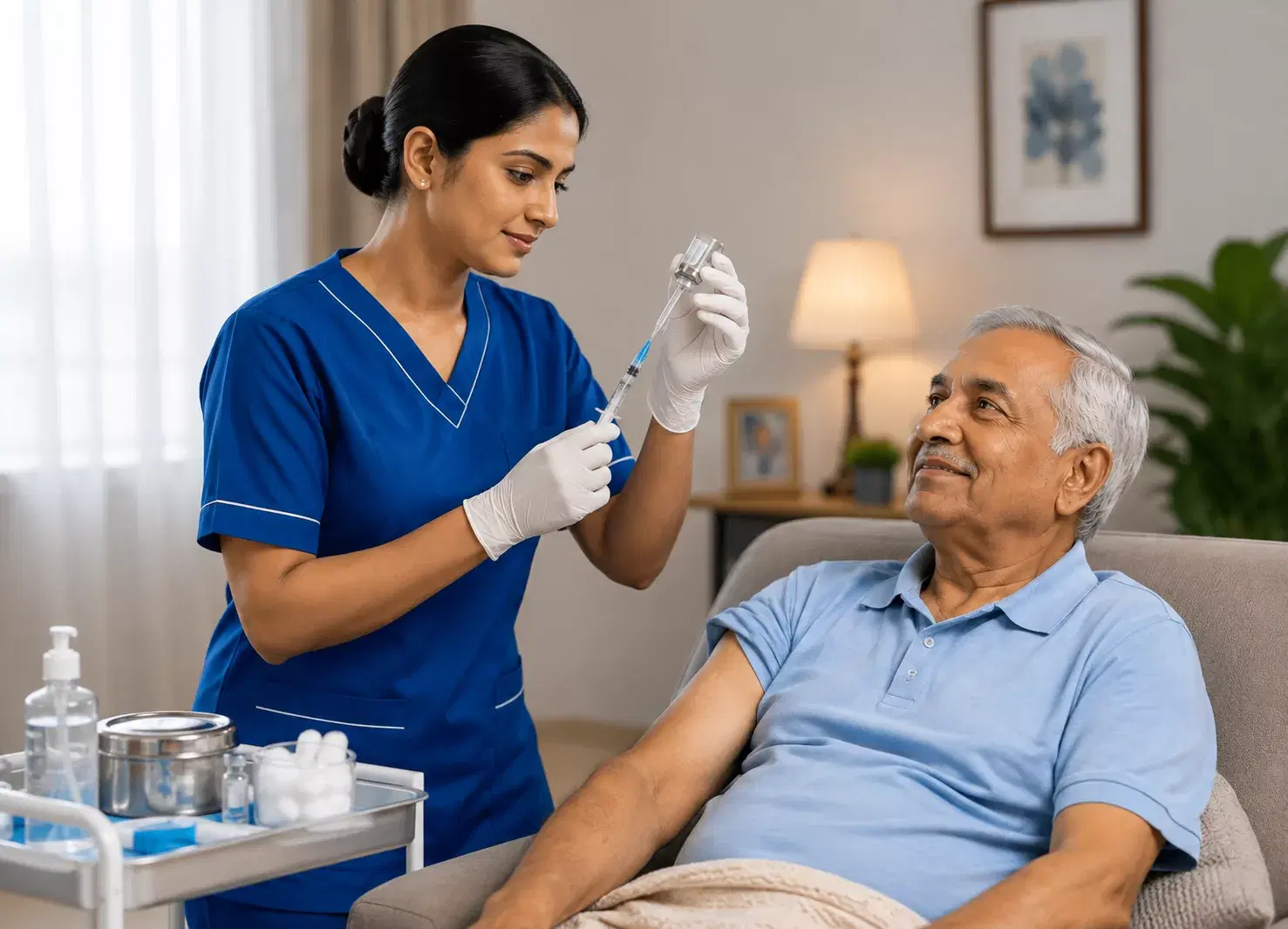 A nurse's hands preparing a tray. Composed, clinical, calm.
